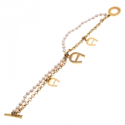 Pre Owned Aigner Crystal Logo Charm and Faux Pearl Gold Plated Layered Bracelet