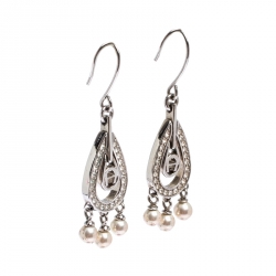 Pre Owned Aigner Silver Tone Faux Pearl Crystal Embellished Hoop Earrings