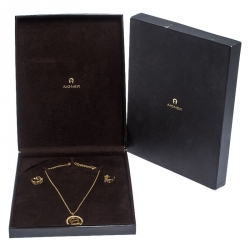 Pre Owned Aigner Logo Crystal Gold Tone Earring Necklace Set