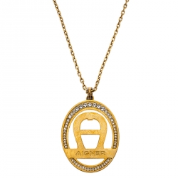 Pre Owned Aigner Logo Crystal Gold Tone Earring Necklace Set