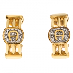 Pre Owned Aigner Logo Crystal Gold Tone Earring Necklace Set