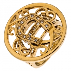Pre Owned Aigner Gold Tone Crystal Embellished Logo Ring Size 56