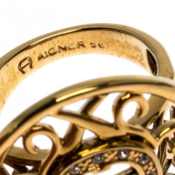 Pre Owned Aigner Gold Tone Crystal Embellished Logo Ring Size 56