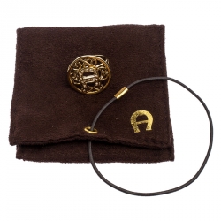 Pre Owned Aigner Gold Tone Crystal Embellished Logo Ring Size 56