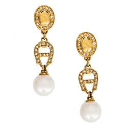 Pre Owned Aigner Crystal Faux Pearl Gold Tone Drop Earrings