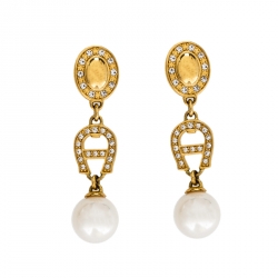Pre Owned Aigner Crystal Faux Pearl Gold Tone Drop Earrings