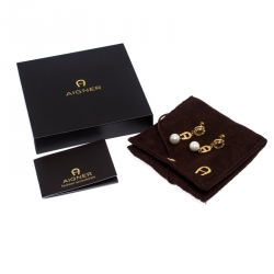 Pre Owned Aigner Crystal Faux Pearl Gold Tone Drop Earrings