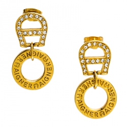 Pre Owned Aigner Crystal Studded Logo Gold Tone Drop Earrings