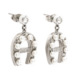 Pre Owned Aigner Crystal Faux Pearl Silver Tone Drop Earrings