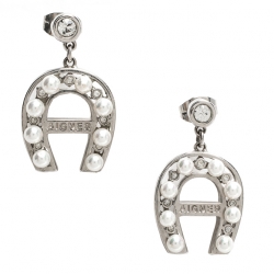 Pre Owned Aigner Crystal Faux Pearl Silver Tone Drop Earrings