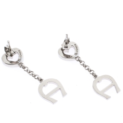 Pre Owned Aigner Crystal Heart Silver Tone Earrings & Necklace Set