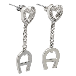 Pre Owned Aigner Crystal Heart Silver Tone Earrings & Necklace Set