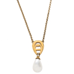 Pre Owned Aigner Faux Pearl Crystal Gold Tone Necklace