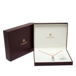 Pre Owned Aigner Crystal Faux Pearl Gold Tone Long Pendant Necklace