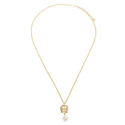 Pre Owned Aigner Crystal Faux Pearl Gold Tone Long Pendant Necklace
