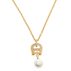 Aigner Crystal Faux Pearl Gold Tone Long Pendant Necklace