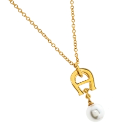Pre Owned Aigner Crystal Faux Pearl Gold Tone Long Pendant Necklace