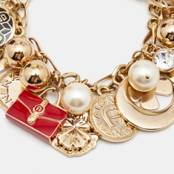 Pre Owned Aigner Enamel Crystal Gold Tone Metal Charm Bracelet