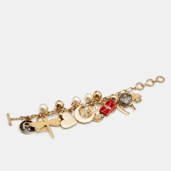 Pre Owned Aigner Enamel Crystal Gold Tone Metal Charm Bracelet