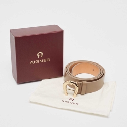 Pre Owned Aigner Beige Leather Logo Buckle Belt 95CM
