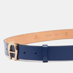 Pre Owned Aigner Blue Leather Logo Buckle Belt 95CM