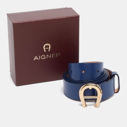 Pre Owned Aigner Blue Leather Logo Buckle Belt 95CM