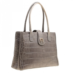 Pre Owned Aigner Grey Croc Embossed Leather Tote
