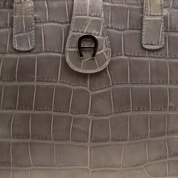 Pre Owned Aigner Grey Croc Embossed Leather Tote
