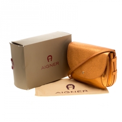 Pre Owned Aigner Orange Metallic Leather Flap Crossbody Bag