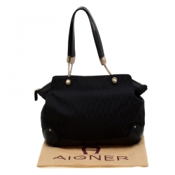 Pre Owned Aigner Black Signature Fabric and Leather Chain Tote