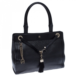 Aigner Black Python Embossed Leather Cavallina Tote