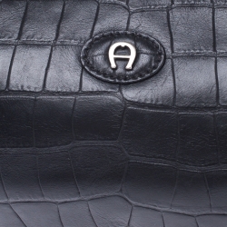 Pre Owned Aigner Black Croc Embossed Leather Shoulder Bag