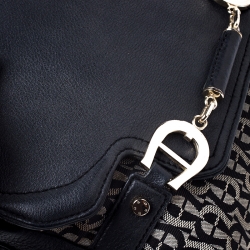 Pre Owned Aigner Black Canvas and Leather Flap Shoulder Bag