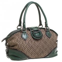 Pre Owned Aigner Green Signature Canvas and Leather Buckle Flap Satchel