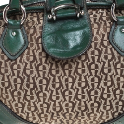 Pre Owned Aigner Green Signature Canvas and Leather Buckle Flap Satchel