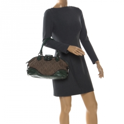 Pre Owned Aigner Green Signature Canvas and Leather Buckle Flap Satchel