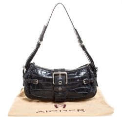 Pre Owned Aigner Black Crocodile Embossed Leather Shoulder Bag