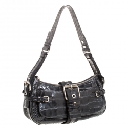 Pre Owned Aigner Black Crocodile Embossed Leather Shoulder Bag