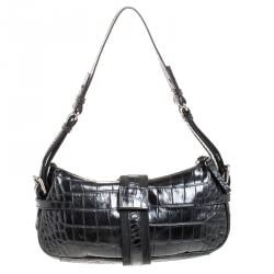 Pre Owned Aigner Black Crocodile Embossed Leather Shoulder Bag