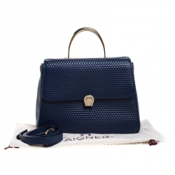 Pre Owned Aigner Blue Embossed Leather Genoveva M Top Handle Bag 