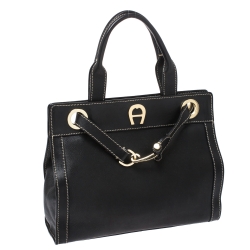 Pre Owned Aigner Black Leather Cavallina Top Handle Bag