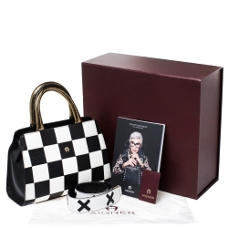 Pre Owned Aigner Black/White Checkered Leather Medium Satchel