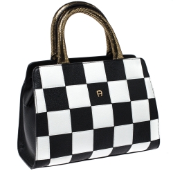 Pre Owned Aigner Black/White Checkered Leather Medium Satchel