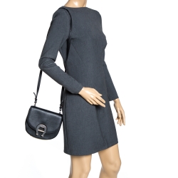 Pre Owned Aigner Black Leather Logo Flap Crossbody Bag