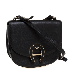 Pre Owned Aigner Black Leather Logo Flap Crossbody Bag