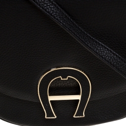 Pre Owned Aigner Black Leather Logo Flap Crossbody Bag