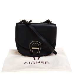 Pre Owned Aigner Black Leather Logo Flap Crossbody Bag