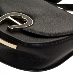 Pre Owned Aigner Black Leather Logo Flap Crossbody Bag