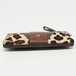 Pre Owned Aigner Brown/Beige Leopard Print Calfhair and Leather Zip Wristlet Pouch