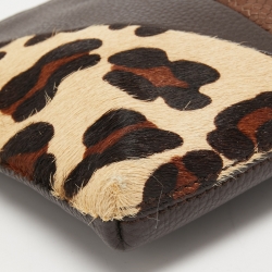 Pre Owned Aigner Brown/Beige Leopard Print Calfhair and Leather Zip Wristlet Pouch